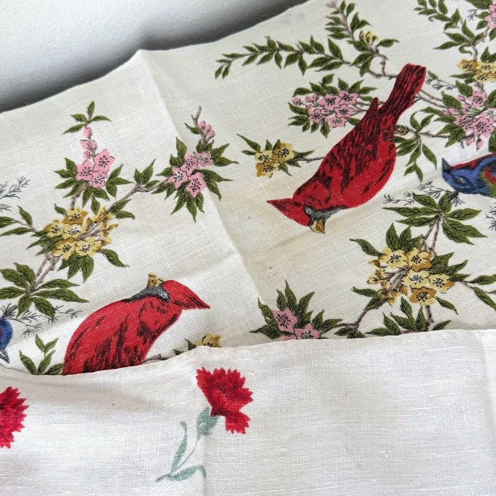 Vintage Linen Tea Towels Set of 2 Cardinals Bluebirds Red Carnations